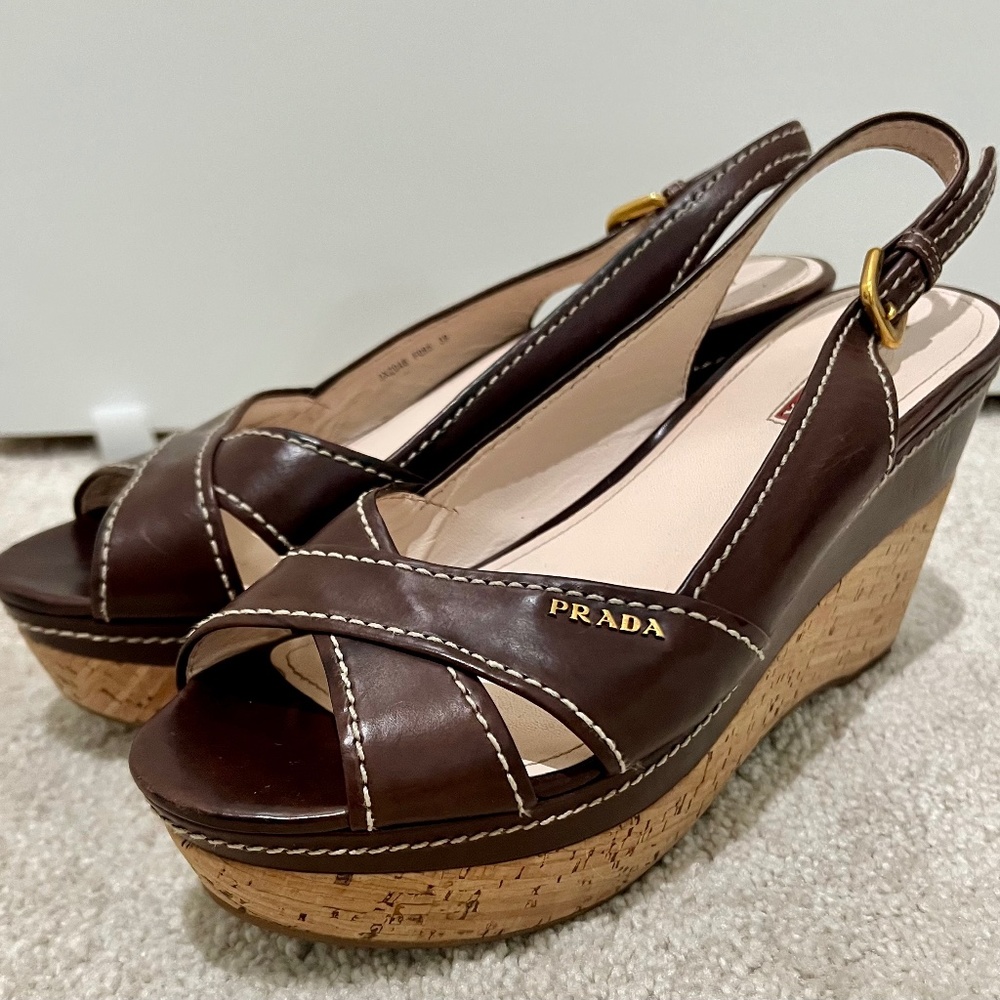 Prada Cork Wedge Sandals Brown Leather EU 39 US 8.5 Resort Luxury Italy